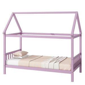 English Elm Twin House Bed with Headboard and Footboard — Space-Saving Rubberwood Frame, Playful Architectural Design Pink W504P225964