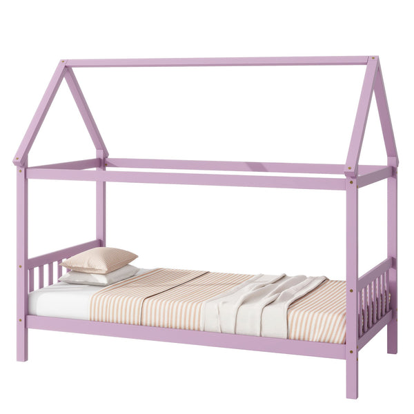 English Elm Twin House Bed with Headboard and Footboard — Space-Saving Rubberwood Frame, Playful Architectural Design Pink W504P225964