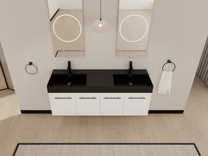 English Elm 60 Inch Wall-Mounted Bathroom Vanity With Double Black Resin Sink & Soft-Close Doors For Style W999S00253