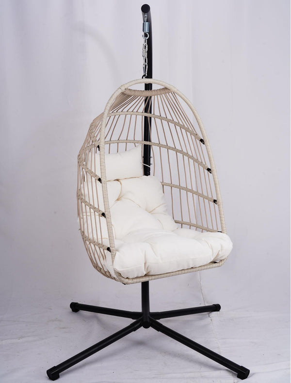 English Elm Outdoor Egg Hanging Chair with Stand - Light Gray Wicker Hammock, 350lb Steel Frame, Cozy Washable Cushions W2500P262991