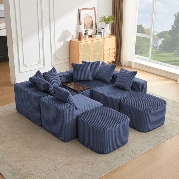 English Elm [new U-shaped Corduroy Sectional with Usb Charging Console and Movable Modules Blue W2108S00177