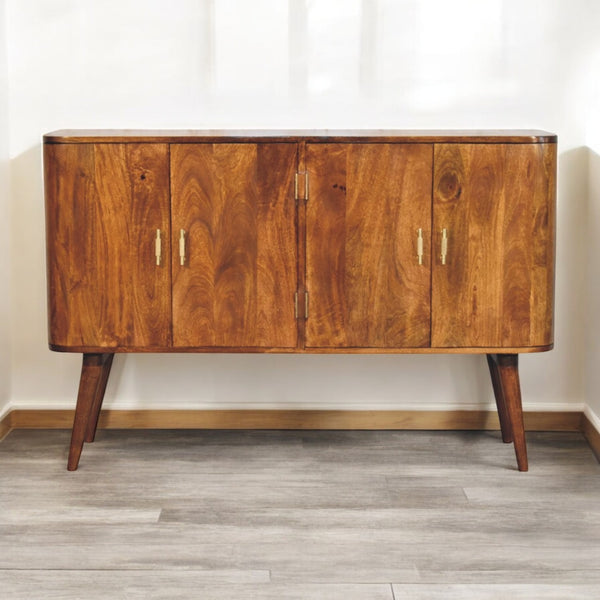 English Elm Linden Mid-Century Sideboard in Chestnut Mango Wood with Brass Handles, Curved Silhouette & Storage B182P291651