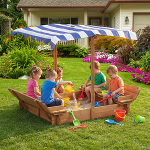 English Elm Kids Cedar Sandbox with Adjustable Canopy Corner Seating Outdoor Backyard Play D720094432