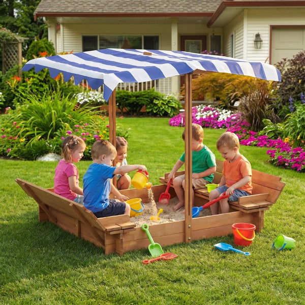 English Elm Kids Cedar Sandbox with Adjustable Canopy Corner Seating Outdoor Backyard Play D720094432