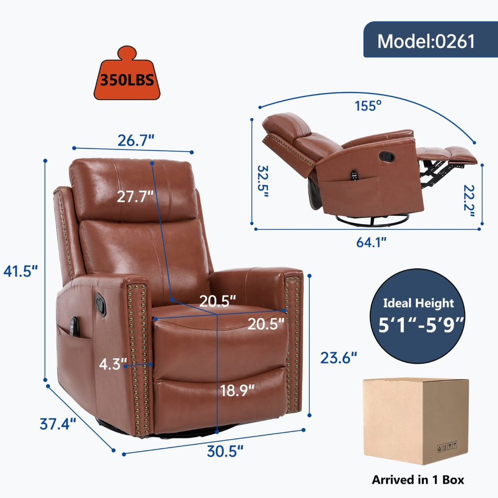 English Elm Red Genuine Leather Swivel Rocker Recliner with Massage Heat for Living Room W1803P323709