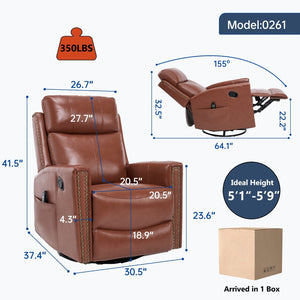 English Elm Red Genuine Leather Swivel Rocker Recliner with Massage Heat for Living Room W1803P323709