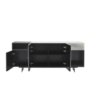 English Elm Olivia Marble Effect Glass Sideboard with Matte Black Open Shelving for Dining Rooms B2736S00027