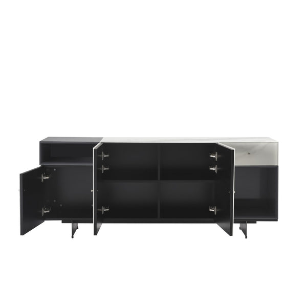 English Elm Olivia Marble Effect Glass Sideboard with Matte Black Open Shelving for Dining Rooms B2736S00027