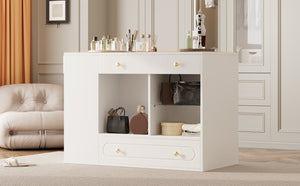 English Elm Closet Elegant walk-in island with glass display top, 6 drawers and open shelves for organized storage White 39.76 L x 17.32 W x 12.2 H N733S304513K