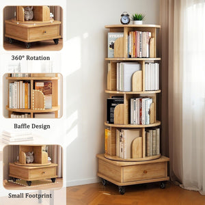English Elm 5 Tier Rotating Bookshelf Tower with Curved Edges, 360° Smooth Spin, Stable Double-Layer Base, Space-Saving Storage Oak W3204P293695