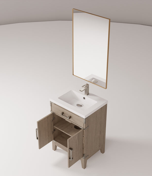 English Elm Grey Oak Single Bath Vanity 24"W x 18"D with Acrylic Countertop, 18" Mirror & Chrome Faucet Set — Durable, Hand-Finished Appearance B2731S02001