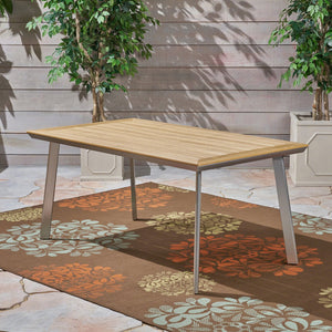 English Elm Christopher Knight Home® - LEEDS Eucalyptus Wood-Top Dining Table with Rust-Proof Aluminum Frame for Outdoor Patio Seating of 6 62762.00SIL