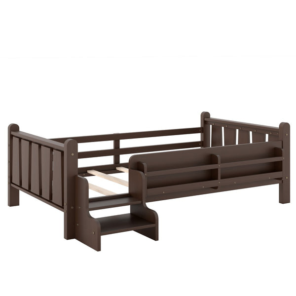 English Elm Twin Pine Floor Bed for Kids with Side Bookcases Built-in Stairs and Safety Guardrails Espresso W1580P390217