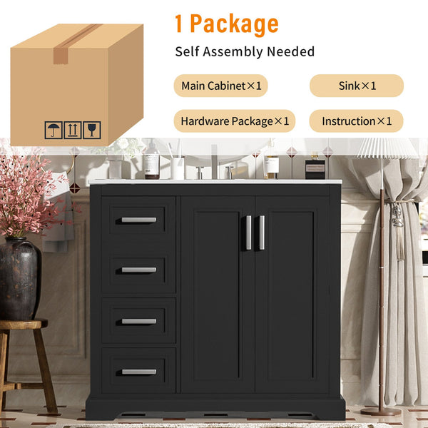 English Elm 36" Modern Bathroom Vanity with Ceramic Sink, Soft-Close Doors, 3 Drawers & Ample Storage for Small Baths Black N729P280194B