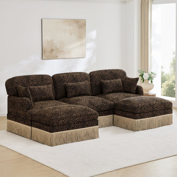 English Elm 100"comfy Chenille Leopard Print U-shaped Sectional with Tassel Trim and Modular Ottomans Brown W5656S00015