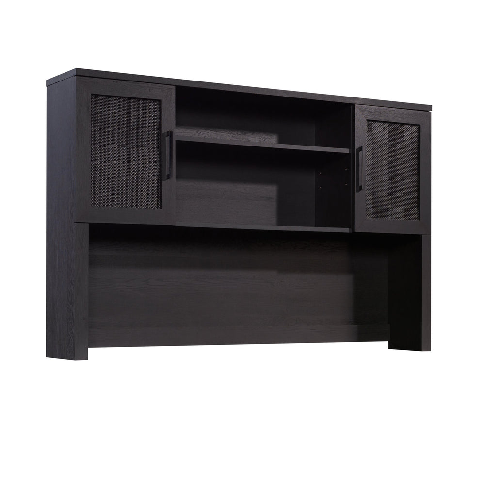 English Elm Hutch, Sleek Black Finish Modern Storage Solution With Adjustable Shelves And Open Display Space B356P402581