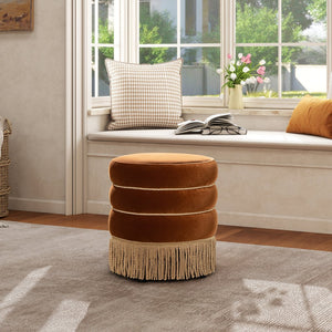 English Elm Jennifer Taylor Home - Edward 17.5" Round Upholstered Ottoman with Bullion Fringe — Vintage Luxe Seat, Footrest & Accent Piece Burnt Orange B2719P320842
