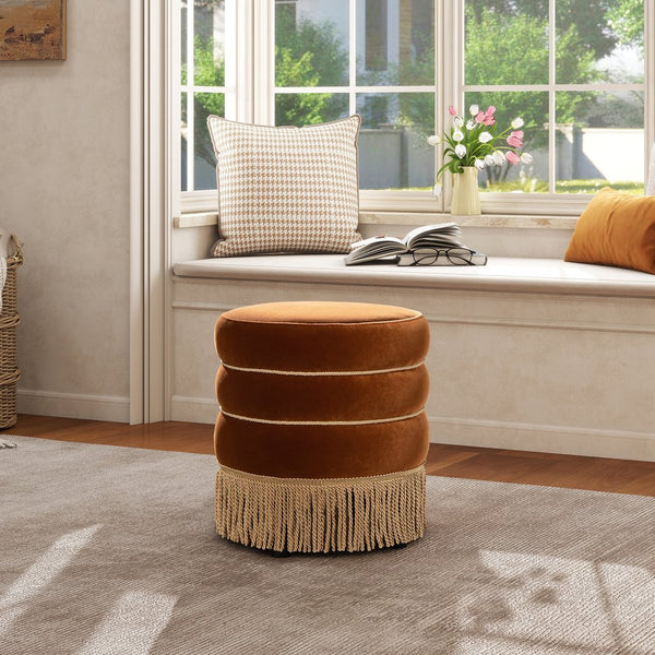 English Elm Jennifer Taylor Home - Edward 17.5" Round Upholstered Ottoman with Bullion Fringe — Vintage Luxe Seat, Footrest & Accent Piece Burnt Orange B2719P320842