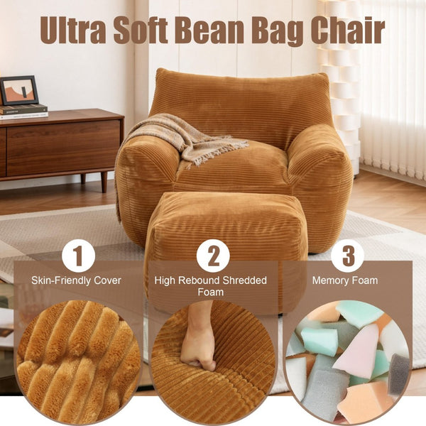 English Elm Bean Bag Chair with Armrests Shredded Foam Fill Oversized Lounge Seat for Adults Brown W5385P433252