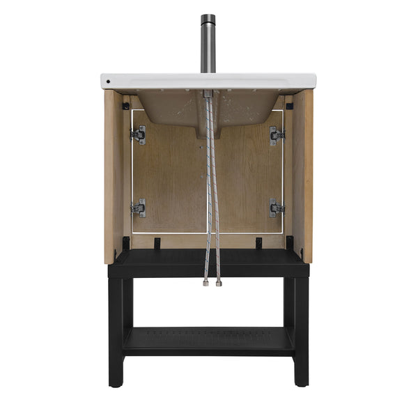 English Elm 24" Bathroom Vanity with Smooth White Ceramic Sink, Durable Metal Hinges, Adjustable Feet, Sleek Faucet & Open Iron Shelf Natural W688P224403