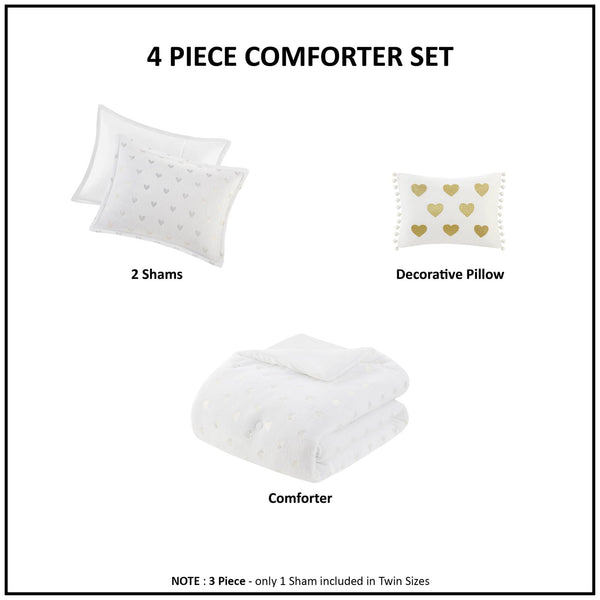 English Elm 3 Pcs Twin/Twin Xl Metallic Printed Plush Comforter Set - Chic White/Gold With Decorative Pillow B035P319889