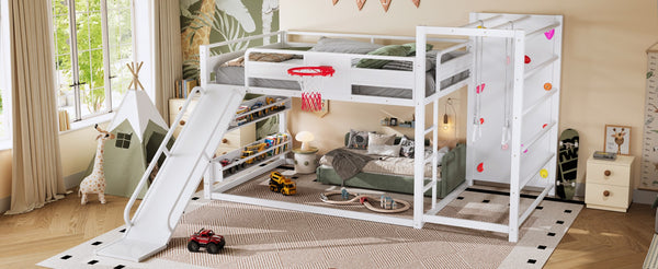 English Elm Twin Metal Loft Bed with Slide Basketball Hoop Climbing Wall and Built-in Shelves W1580S00634