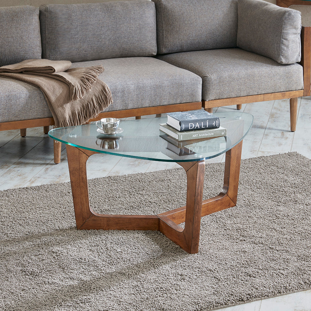 JLA Home INK+IVY - Coffee Triangular Mid-Century Coffee Table with Pecan Solid Wood Frame and Tempered Glass Top, 75 lb Capacity II120-0241