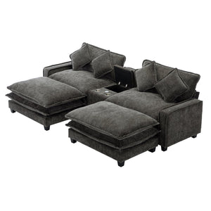 English Elm 111" Sectional Sofa Chenille Upholstered with Removable Ottoman, USB Ports, Cup Holders & Storage Box Grey N719S001480E