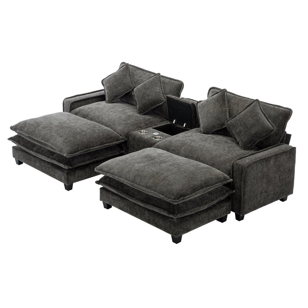 English Elm 111" Sectional Sofa Chenille Upholstered with Removable Ottoman, USB Ports, Cup Holders & Storage Box Grey N719S001480E