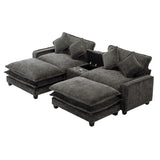 English Elm 112.6" Sectional Sofa Chenille Upholstered Sofa With Two Removable Ottoman, Two Usb Ports, Two Cup Holders and Large Storage Box For Living Room, Black