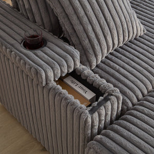 English Elm 84Inch Corduroy sofa with deep seats, 3 back pillows, 2 toss pillows, ottomans, cup grooves, storage Grey W834S00358