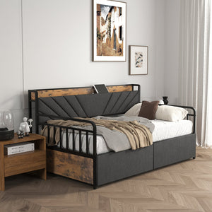 English Elm Twin Daybed with Drawers and USB Charging Station, Metal Frame, Upholstered Headboard, LED Mood Lighting Black+Brown+Grey W2129P244635
