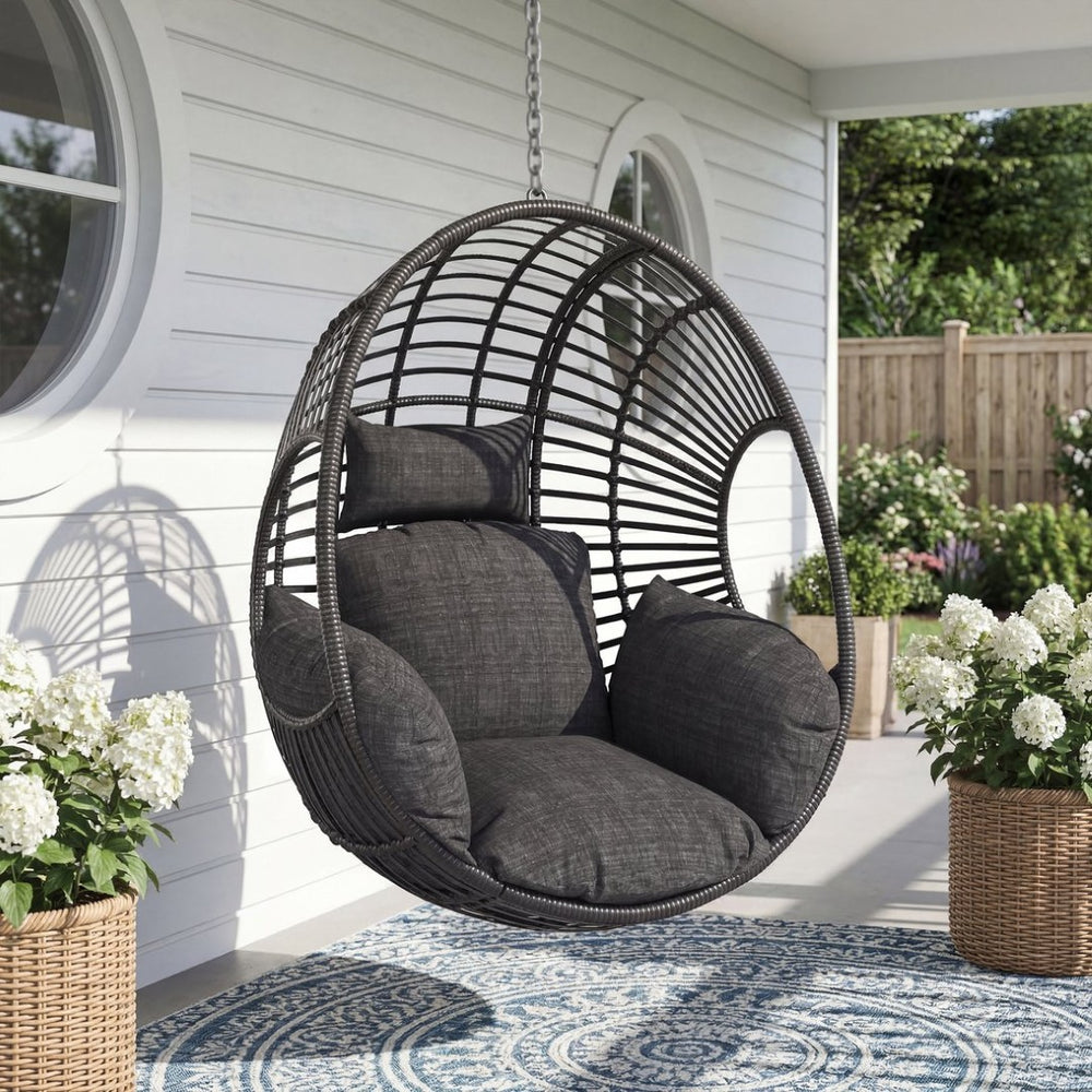English Elm Outdoor Hand Woven Pe Wicker Egg Hanging Chair Seat for Patio Balcony Resort Style W40032678