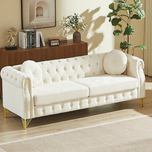 English Elm 82-inch Velvet Chesterfield Sofa Tufted Button Back with Copper Studs and Gold Metal Legs Beige W834S00617