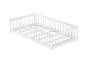 English Elm Twin Solid Rubberwood Floor Bed with Full Perimeter Safety Rails for Toddler Rooms White W504P296795