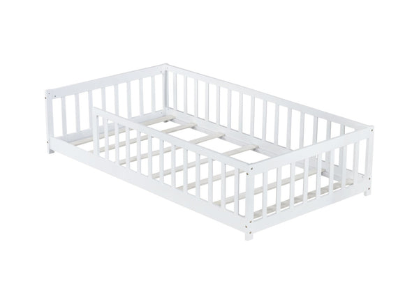 English Elm Twin Solid Rubberwood Floor Bed with Full Perimeter Safety Rails for Toddler Rooms White W504P296795