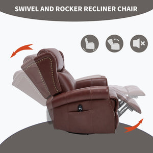English Elm Heat Massage Rocker Swivel Recliner Genuine Leather Chair with Lumbar Vibration Nodes W3224S00014