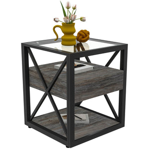 English Elm 1 Modern End Table With Drawer - Industrial Rustic Wood & Glass Nightstand, Compact Storage Solution W241P246916
