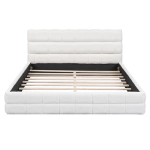 English Elm Queen Upholstered Platform Bed with Padded Headboard, Slat Support, Modern Stitch Detail for Comfort White DL001520AAK