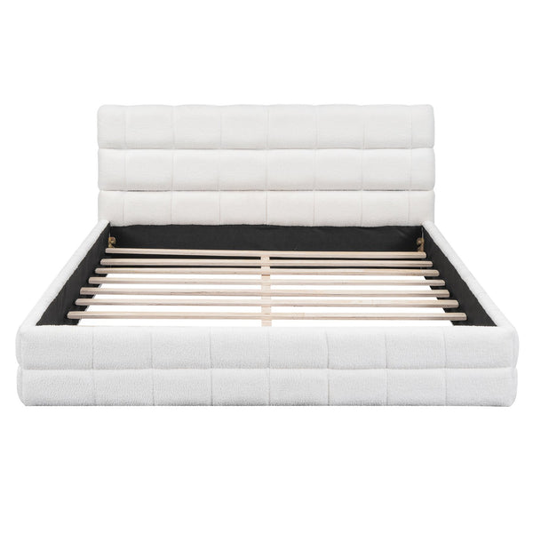 English Elm Queen Upholstered Platform Bed with Padded Headboard, Slat Support, Modern Stitch Detail for Comfort White DL001520AAK