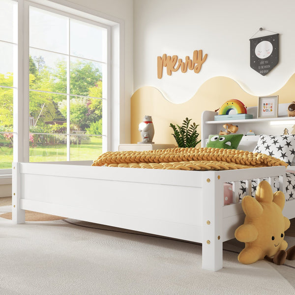 English Elm Full Pine Wood Bed with Bookcase Headboard and LED Motion Sensor Light, Guardrails & Storage Space White W504P277600