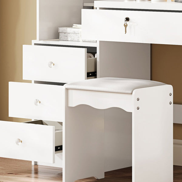 English Elm Vanity Desk with Lighted Sliding Mirror Hidden Storage and Cushioned Stool White Bedroom W2700P369513