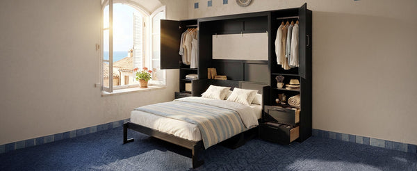 English Elm Queen Murphy Fold Down Wall Bed with Wardrobe Drawers and Shelves for Guest Rooms LP000909AAB