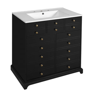 English Elm 30'' Solid Wood Frame Bathroom Vanity with Ceramic Sink, Retro Black Freestanding 2-Drawer Cabinet N710P276724B