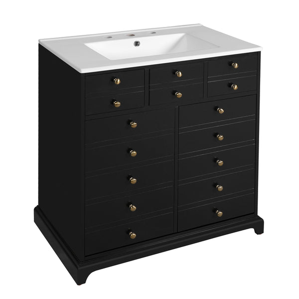 English Elm 30'' Solid Wood Frame Bathroom Vanity with Ceramic Sink, Retro Black Freestanding 2-Drawer Cabinet N710P276724B