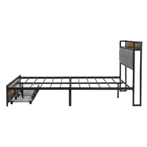 English Elm Full Bed Frame with LED Headboard, 2 Under-Bed Drawers, USB Charging Station, Durable MDF/Iron Frame W311P284695