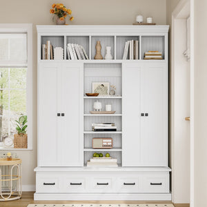 English Elm VIBE Hall Tree with Bench and Cabinets for Entryway — Adjustable Shelves, Drawers, Sturdy MDF Organizer White SJ000139AAK