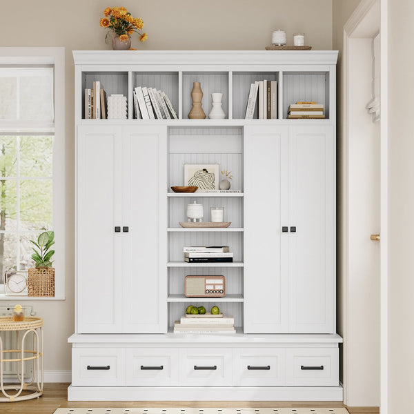 English Elm VIBE Hall Tree with Bench and Cabinets for Entryway — Adjustable Shelves, Drawers, Sturdy MDF Organizer White SJ000139AAK