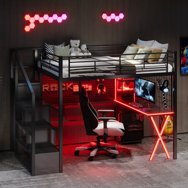 English Elm Full Full Size Metal Loft Bed with Built-In Desk, Wardrobe & Stair Storage, LED Lights, Space-Saving Black GX000663AAB