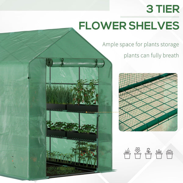English Elm Outsunny 7' X 5' Walk-In Greenhouse With Durable Pe Cover, 3-Tier Shelves & Roll-Up Zipper Door W2225P174455-GIGA